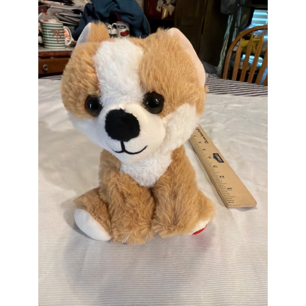 Walmart Tan White Sitting Dog Plush Large Eyes Heart on Paw 8 Inch Stuffed Toy